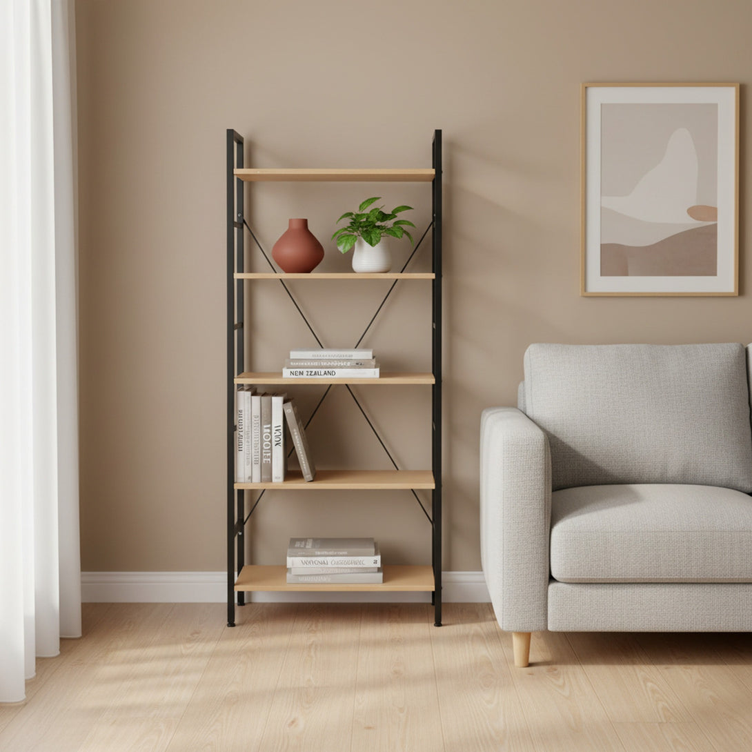 Hikuai 5 Tier Bookshelf - Natural + Black