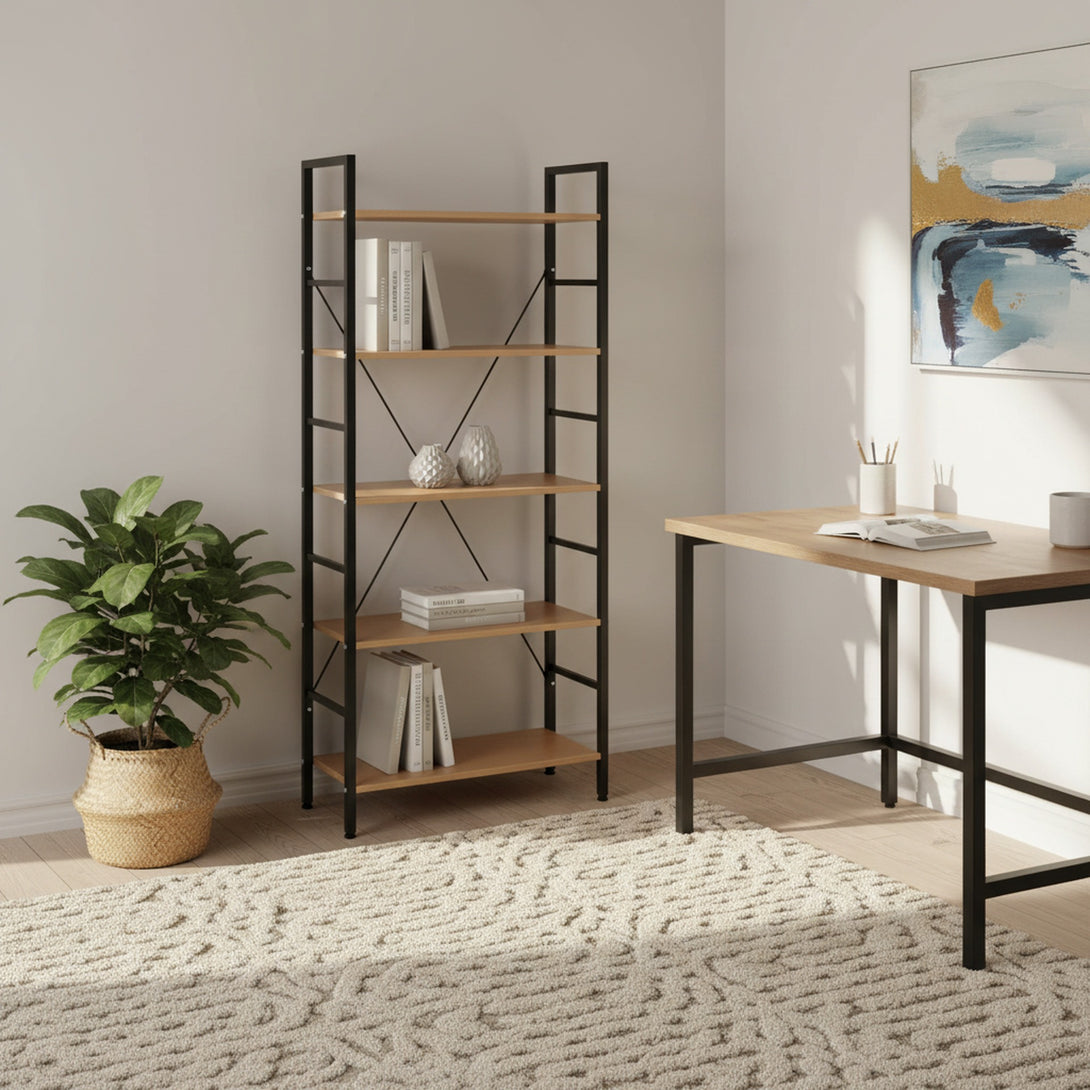 Hikuai 5 Tier Bookshelf - Natural + Black