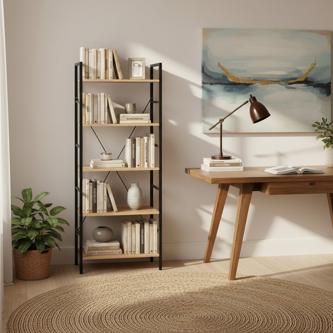 Hikuai 5 Tier Bookshelf - Natural + Black