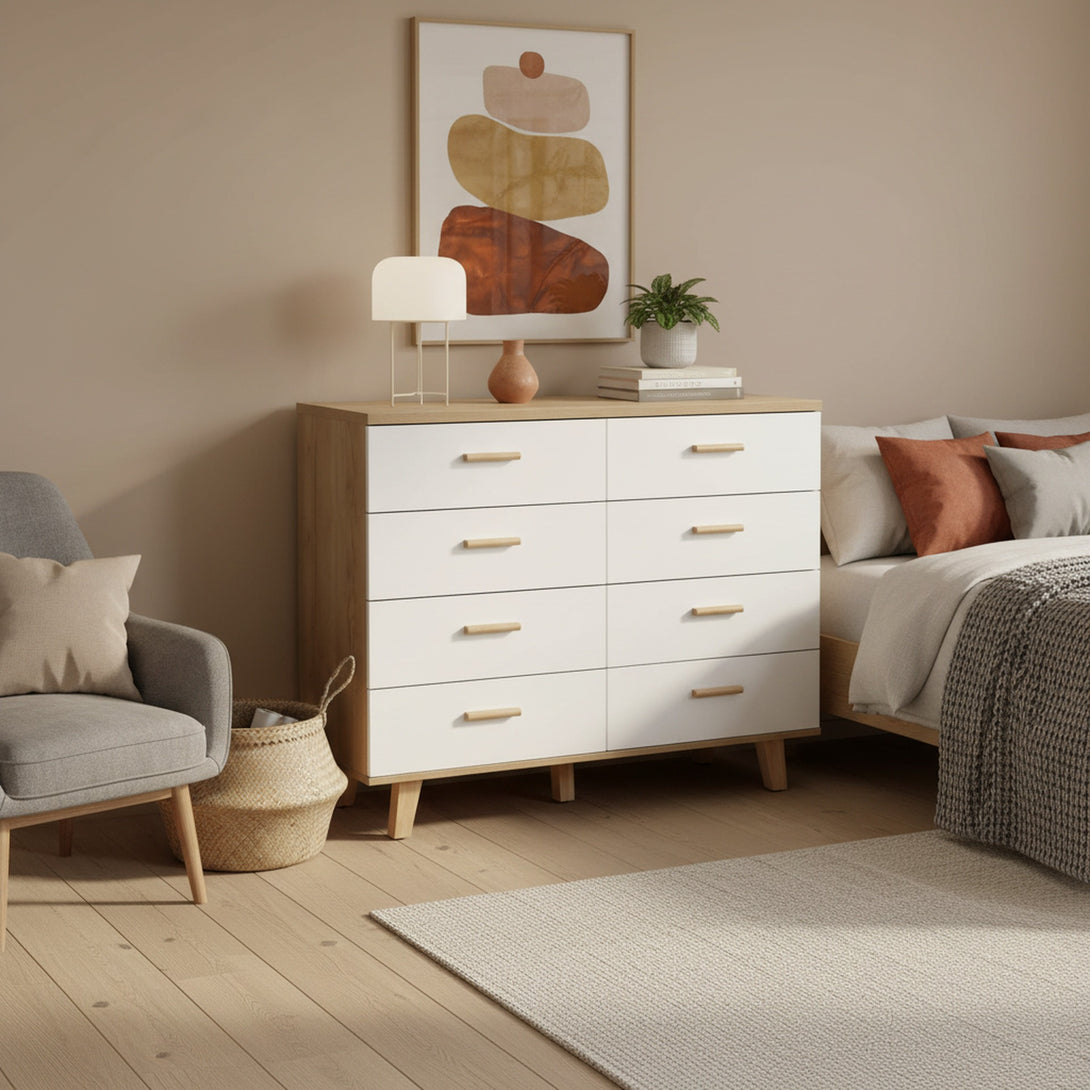 Alton Low Boy 8 Drawers - Natural + White
