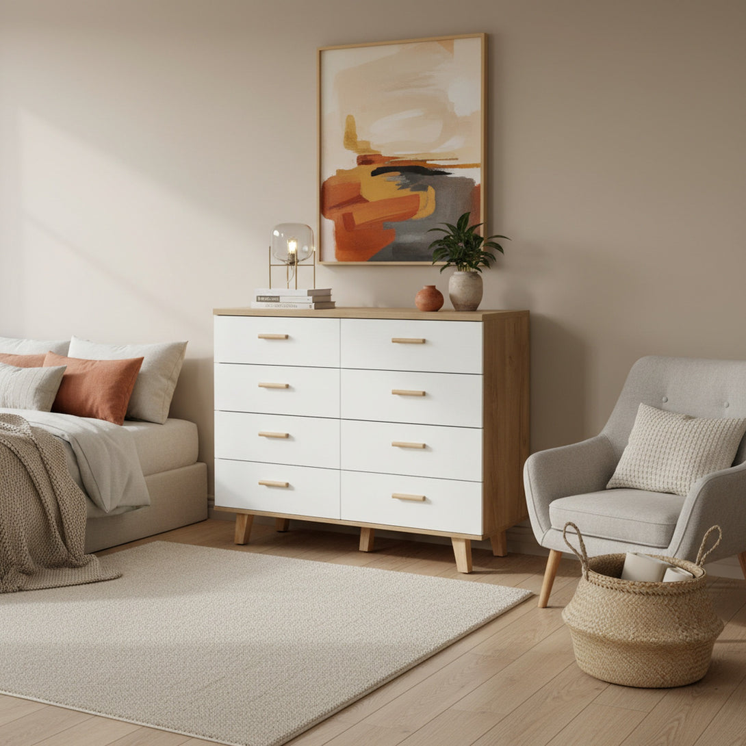 Alton Low Boy 8 Drawers - Natural + White