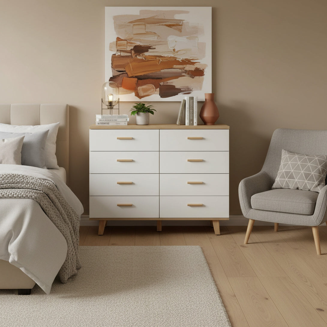 Alton Low Boy 8 Drawers - Natural + White