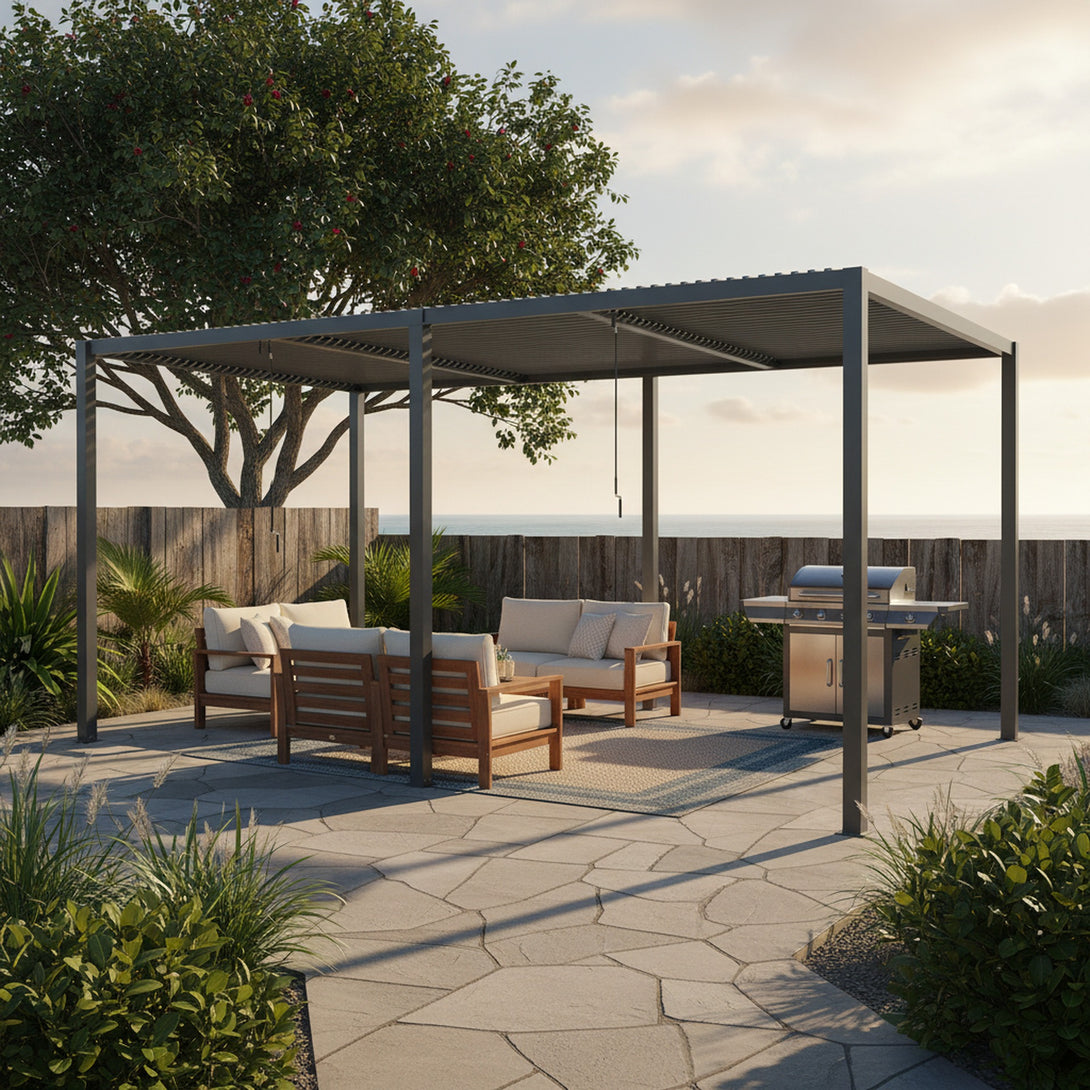 Toughout Manual Louvre Roof Aluminium Pergola 6m x 3m - Charcoal Grey