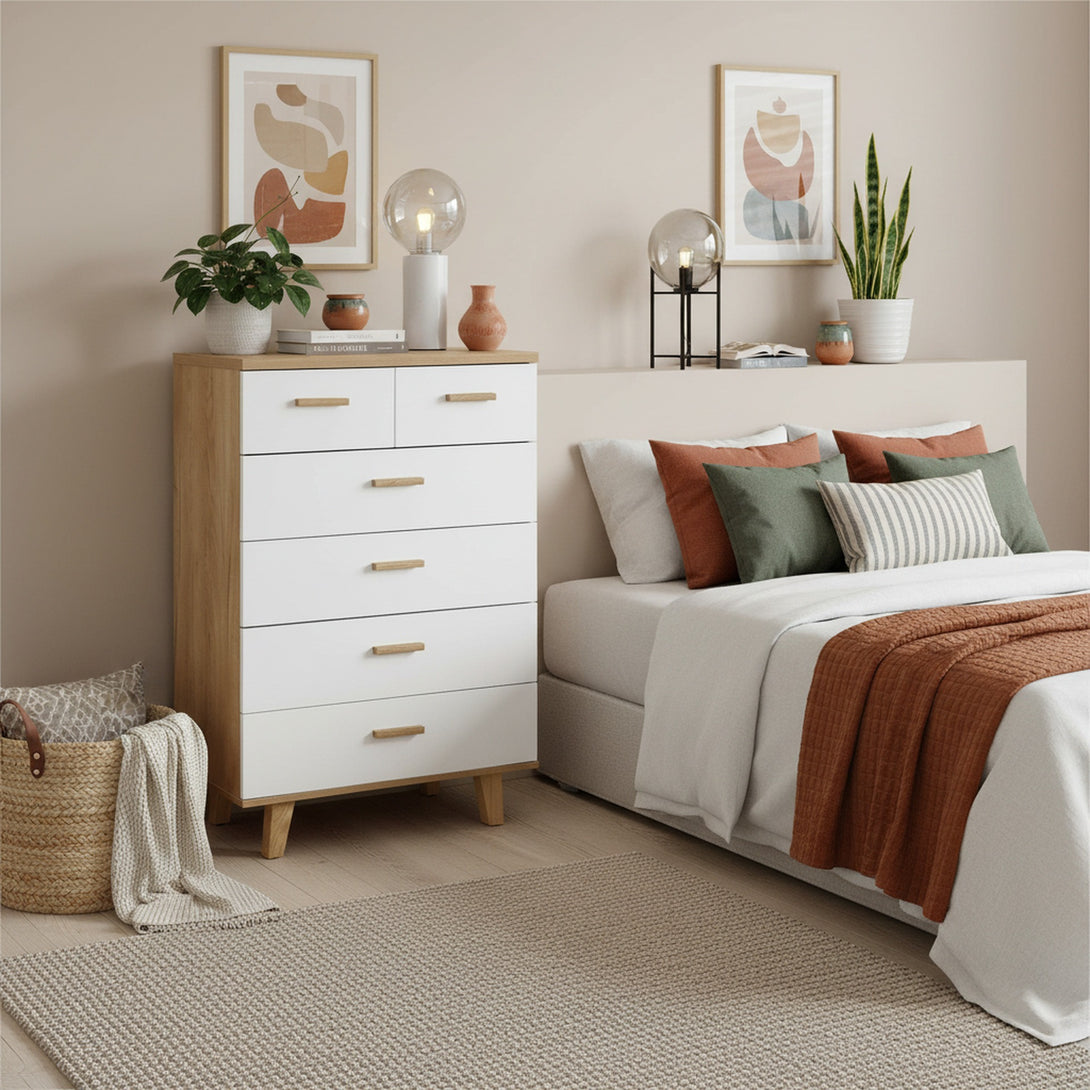 Alton Tallboy 6 Drawers - Natural + White