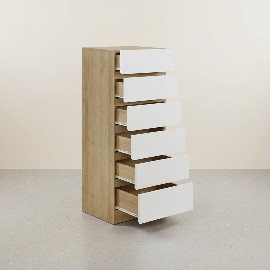 Harris 6 Drawers Slim Tallboy - Oak + White