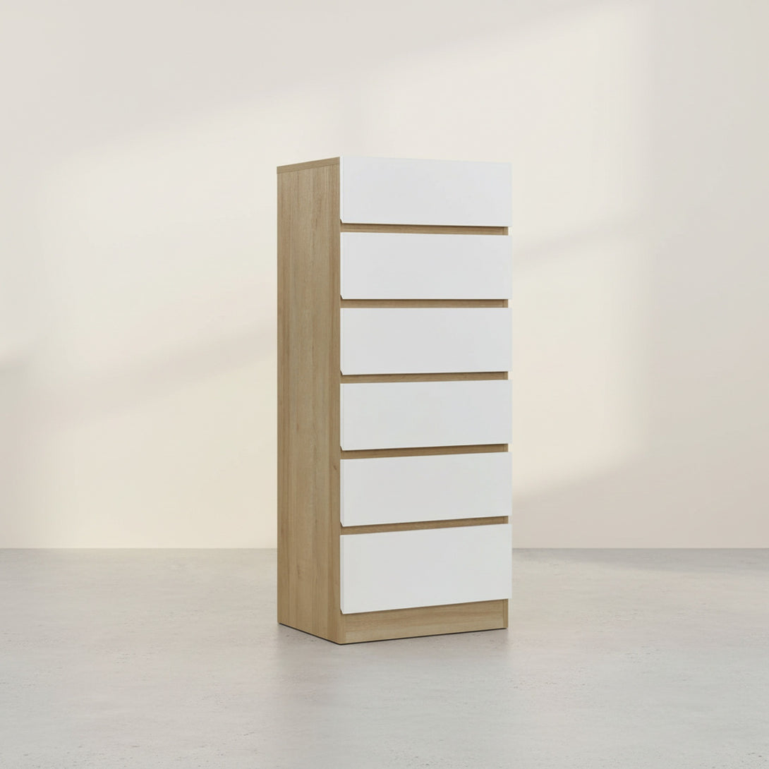 Harris 6 Drawers Slim Tallboy - Oak + White