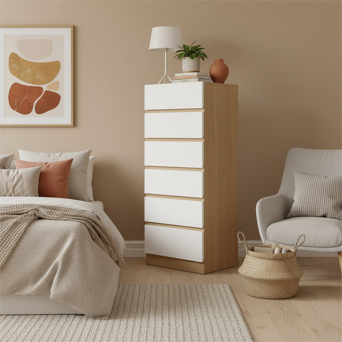 Harris 6 Drawers Slim Tallboy - Oak + White