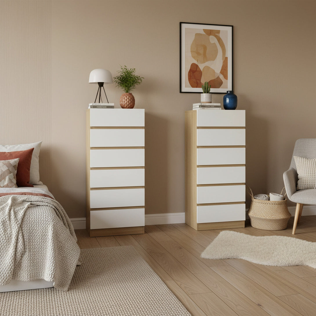 Harris 6 Drawers Slim Tallboy - Oak + White