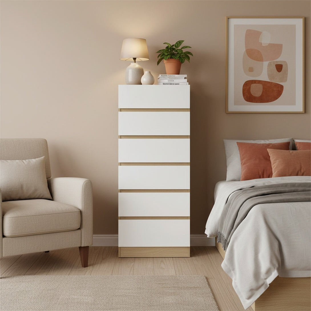 Harris 6 Drawers Slim Tallboy - Oak + White