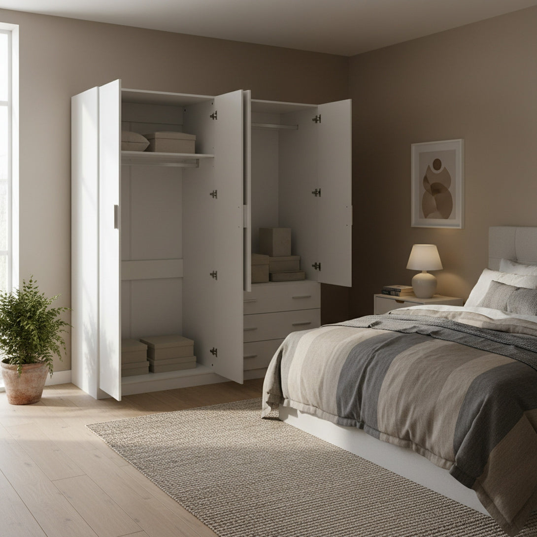 Tongass 4 Door Wardrobe with 3 Drawers - White