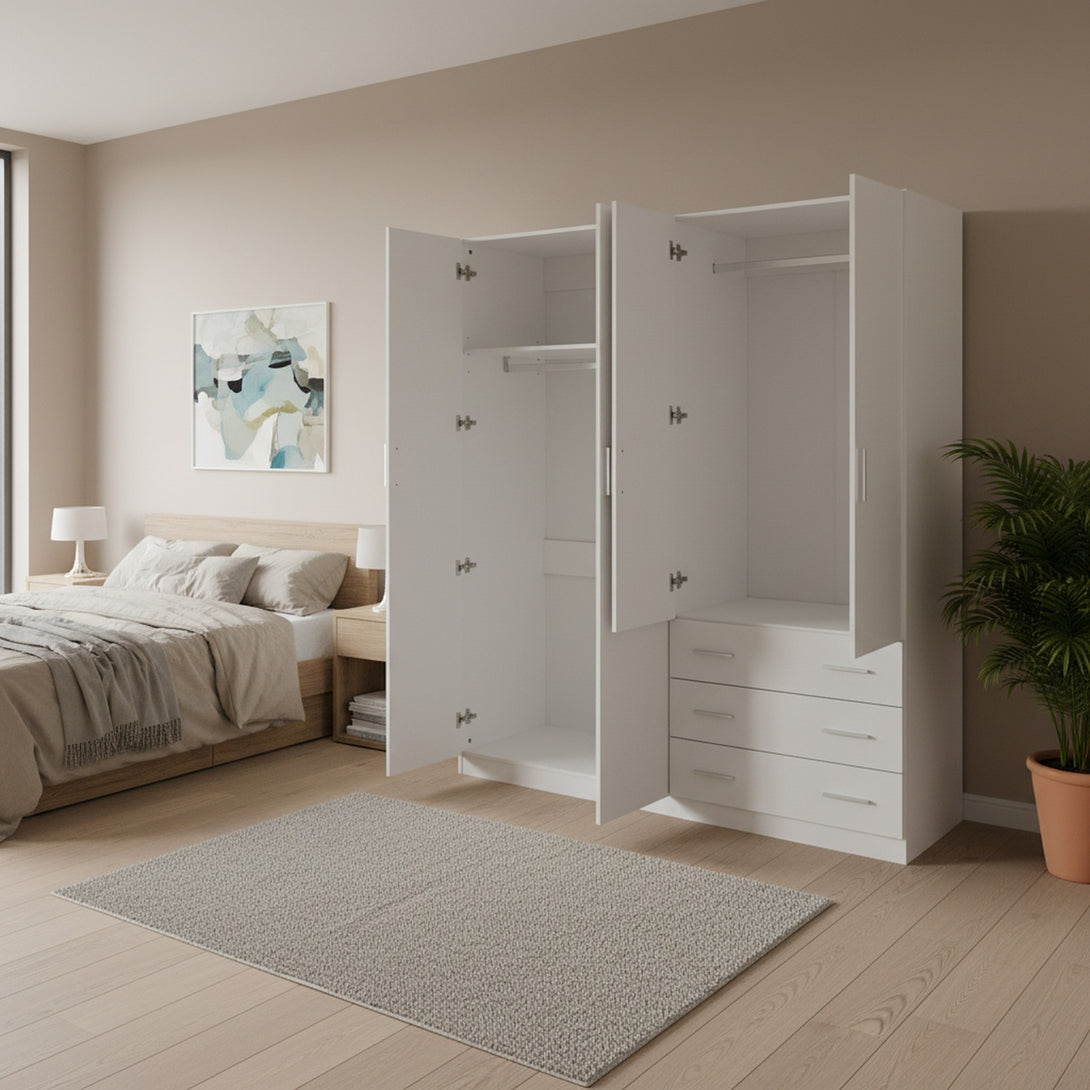 Tongass 4 Door Wardrobe with 3 Drawers - White