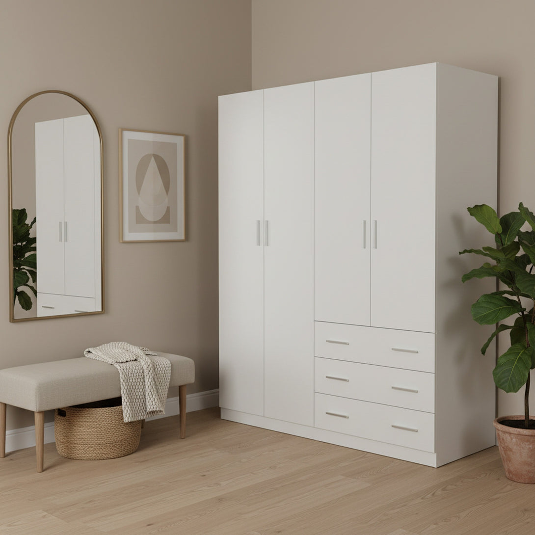 Tongass 4 Door Wardrobe with 3 Drawers - White