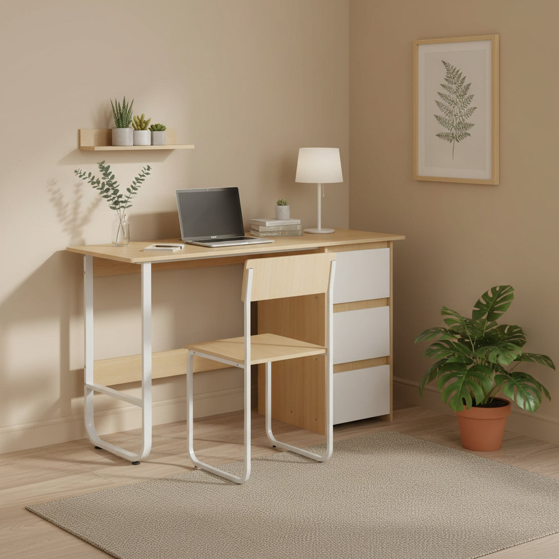 Gavin 120cm Computer Desk with Drawers - Natural + White