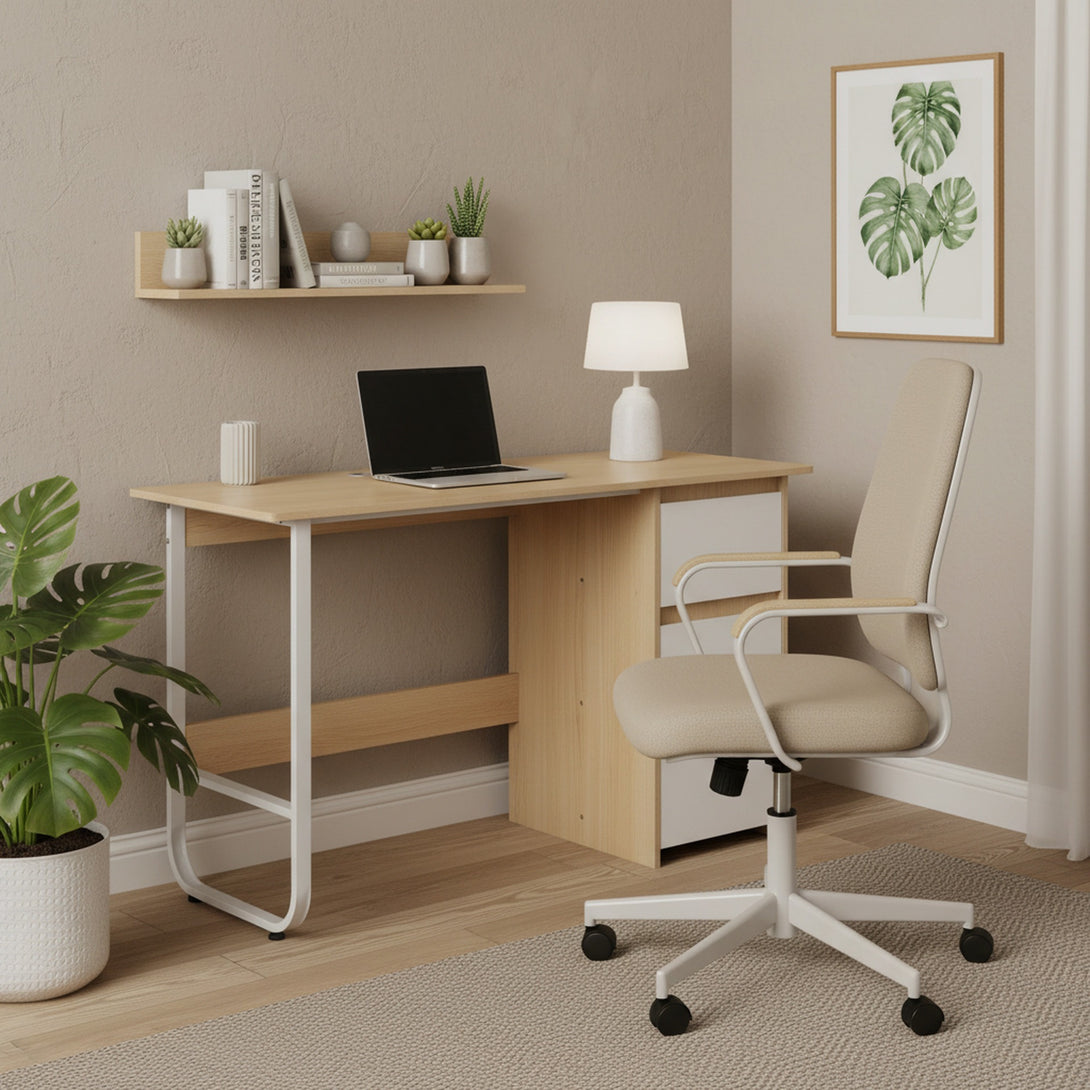 Gavin 120cm Computer Desk with Drawers - Natural + White