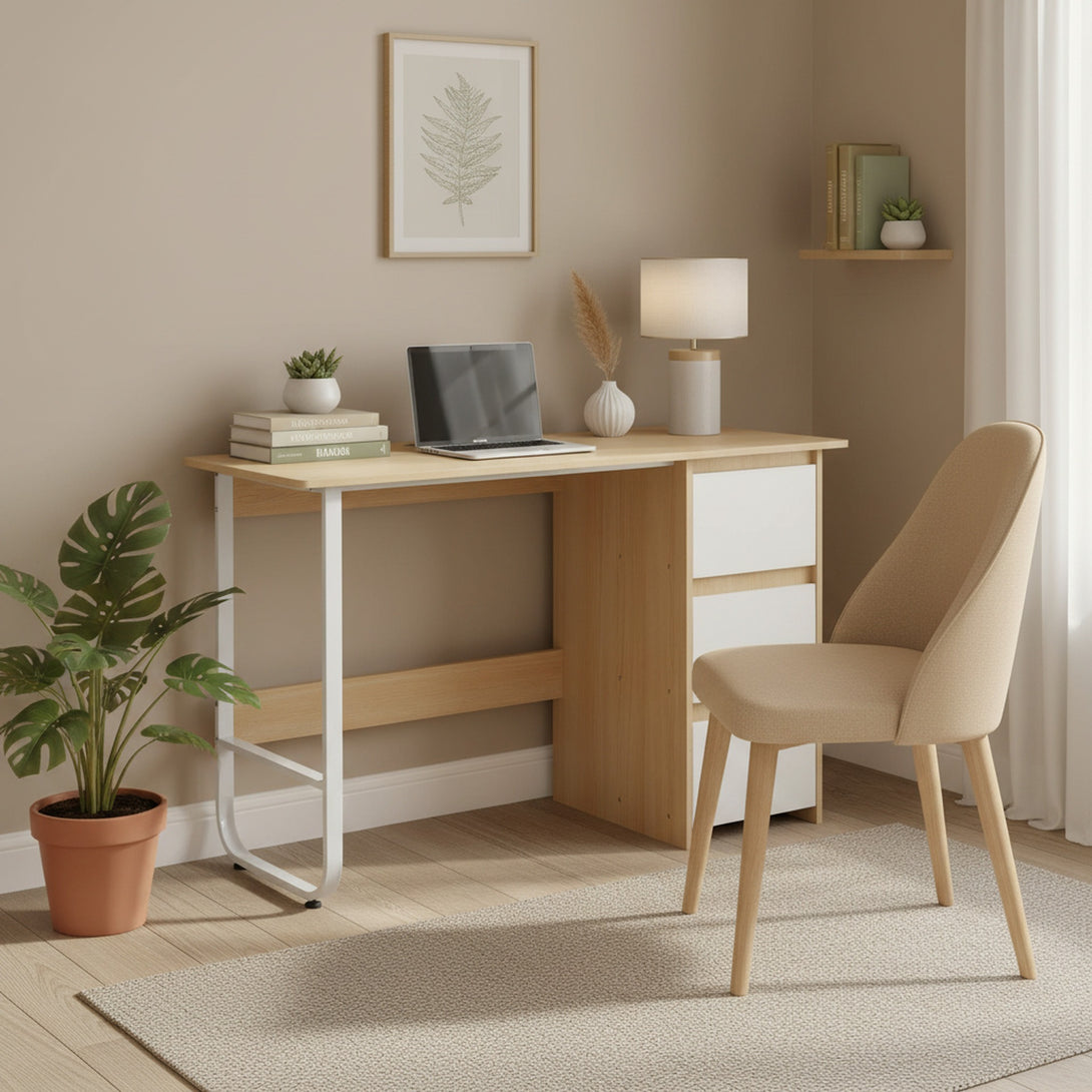 Gavin 120cm Computer Desk with Drawers - Natural + White