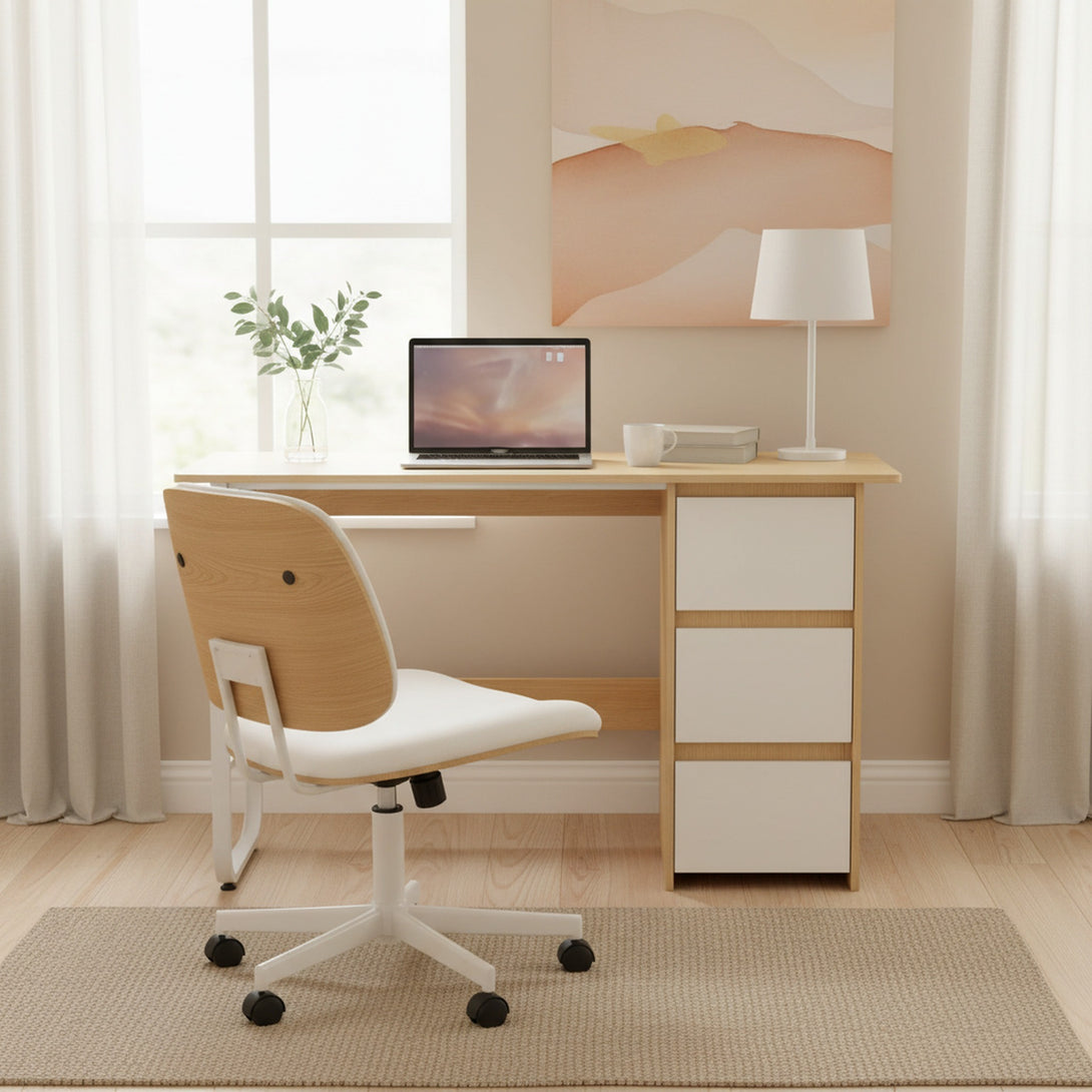 Gavin 120cm Computer Desk with Drawers - Natural + White