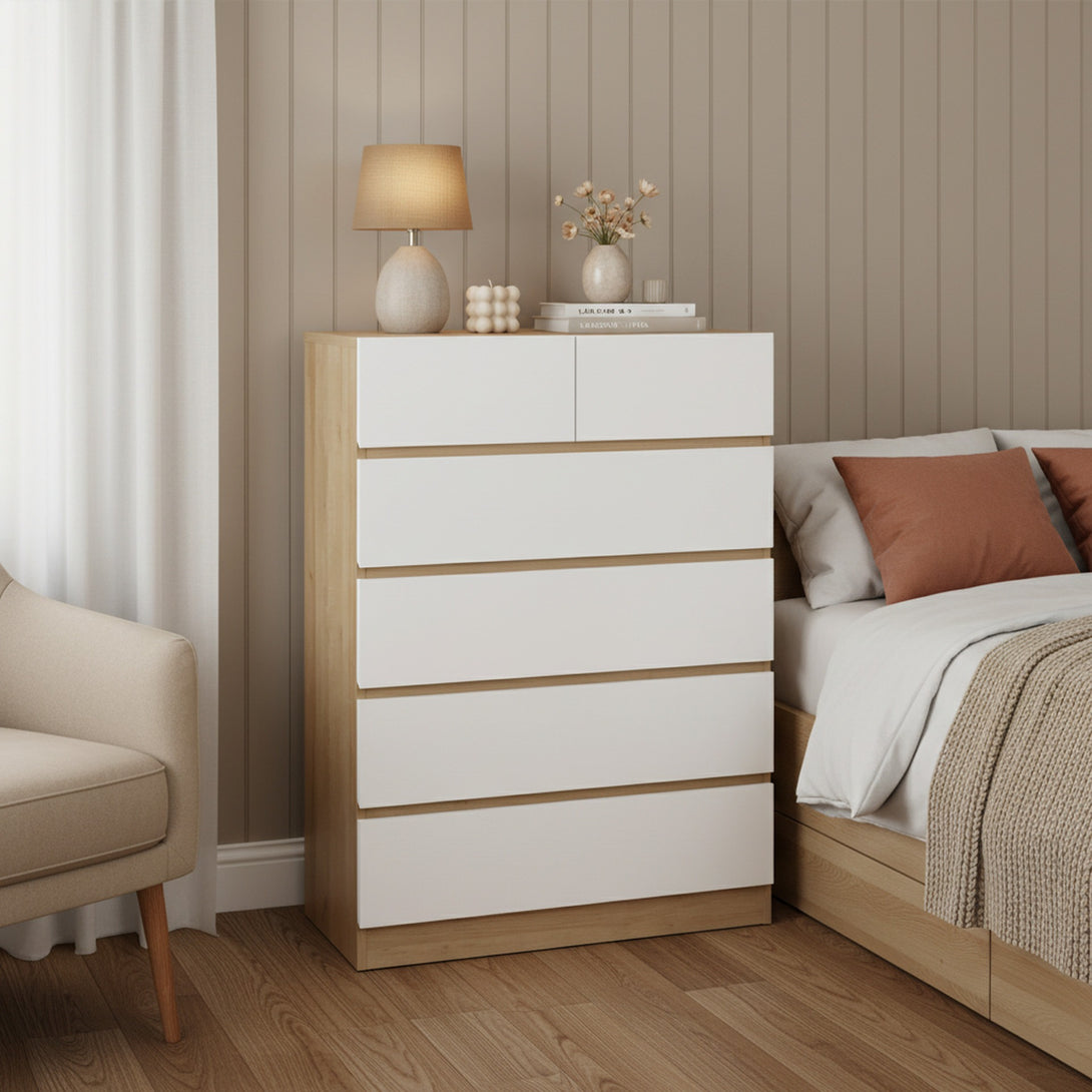 Harris 6 Drawers Tallboy - Oak + White