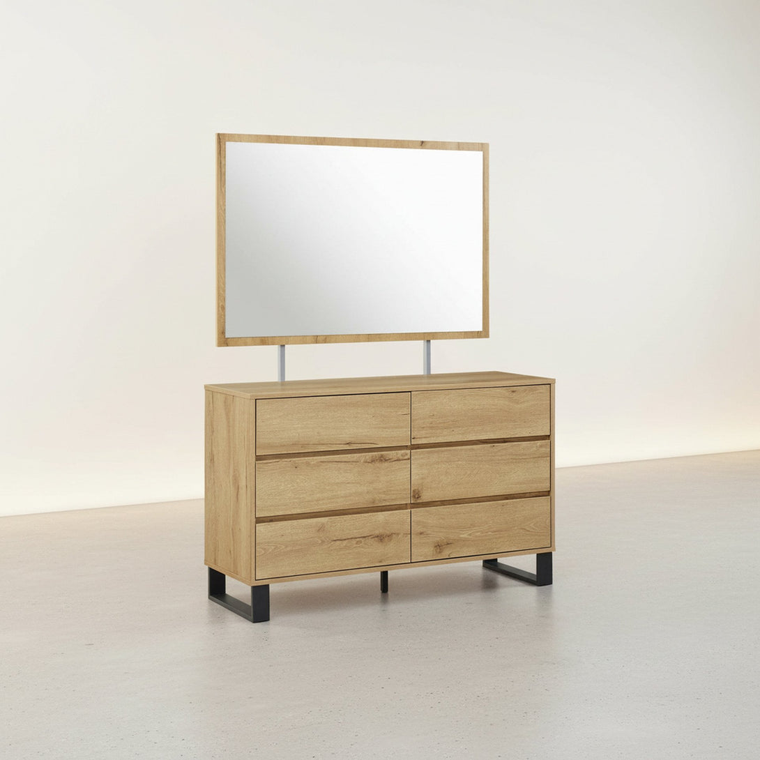 Frohna Low Boy 6 Drawers Chest Dresser with Mirror - Oak