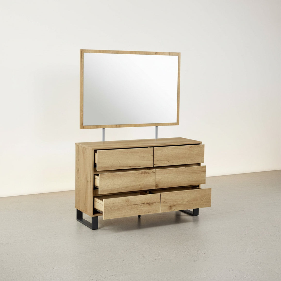 Frohna Low Boy 6 Drawers Chest Dresser with Mirror - Oak