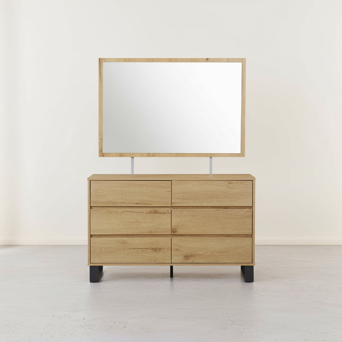 Frohna Low Boy 6 Drawers Chest Dresser with Mirror - Oak