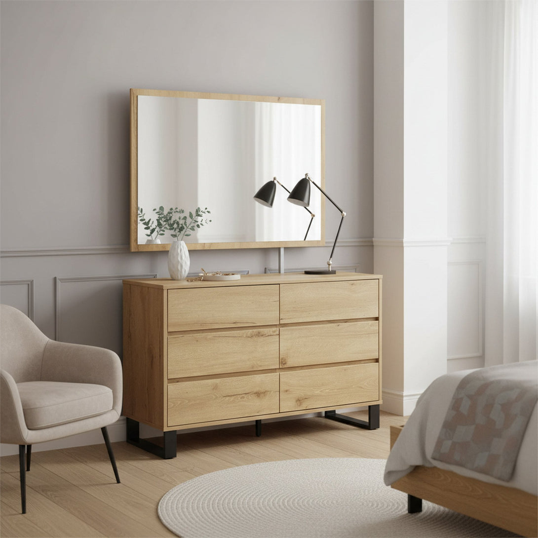 Frohna Low Boy 6 Drawers Chest Dresser with Mirror - Oak