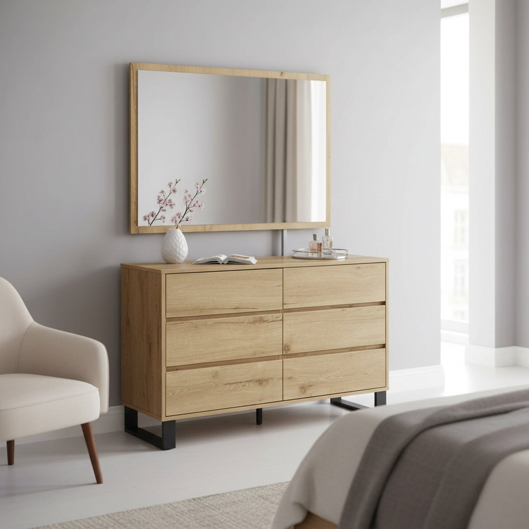 Frohna Low Boy 6 Drawers Chest Dresser with Mirror - Oak