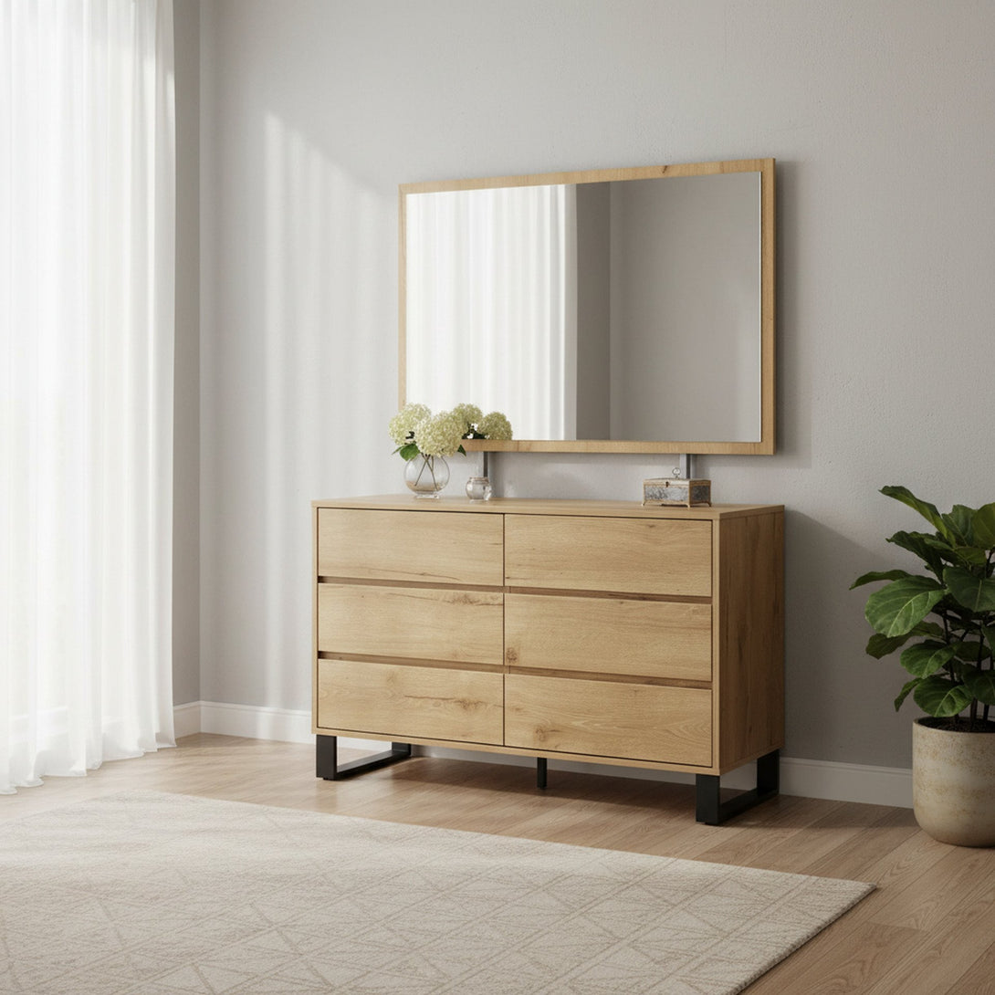 Frohna Low Boy 6 Drawers Chest Dresser with Mirror - Oak