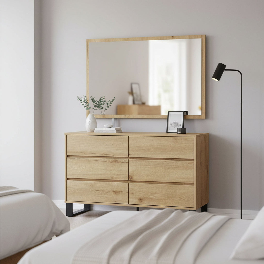 Frohna Low Boy 6 Drawers Chest Dresser with Mirror - Oak