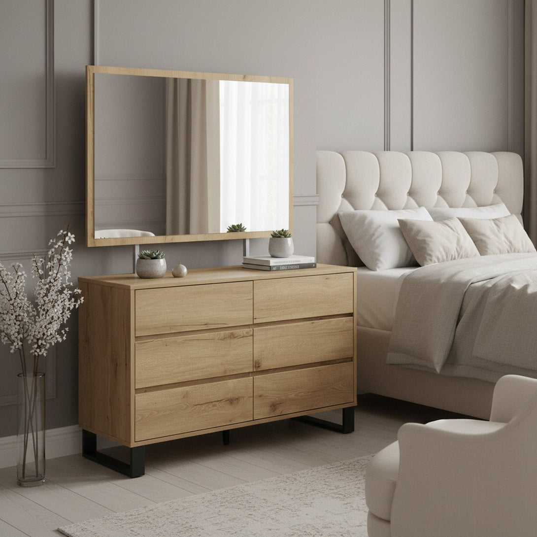 Frohna Low Boy 6 Drawers Chest Dresser with Mirror - Oak