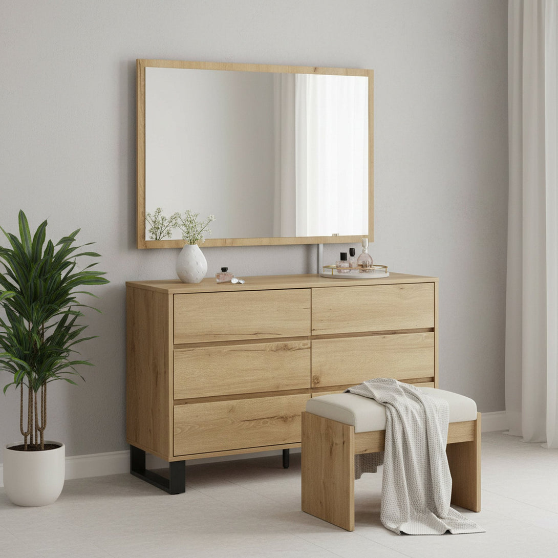 Frohna Low Boy 6 Drawers Chest Dresser with Mirror - Oak