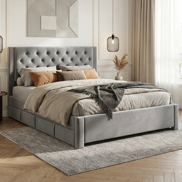 Montana Queen Bed Frame with 4 Drawers - Grey