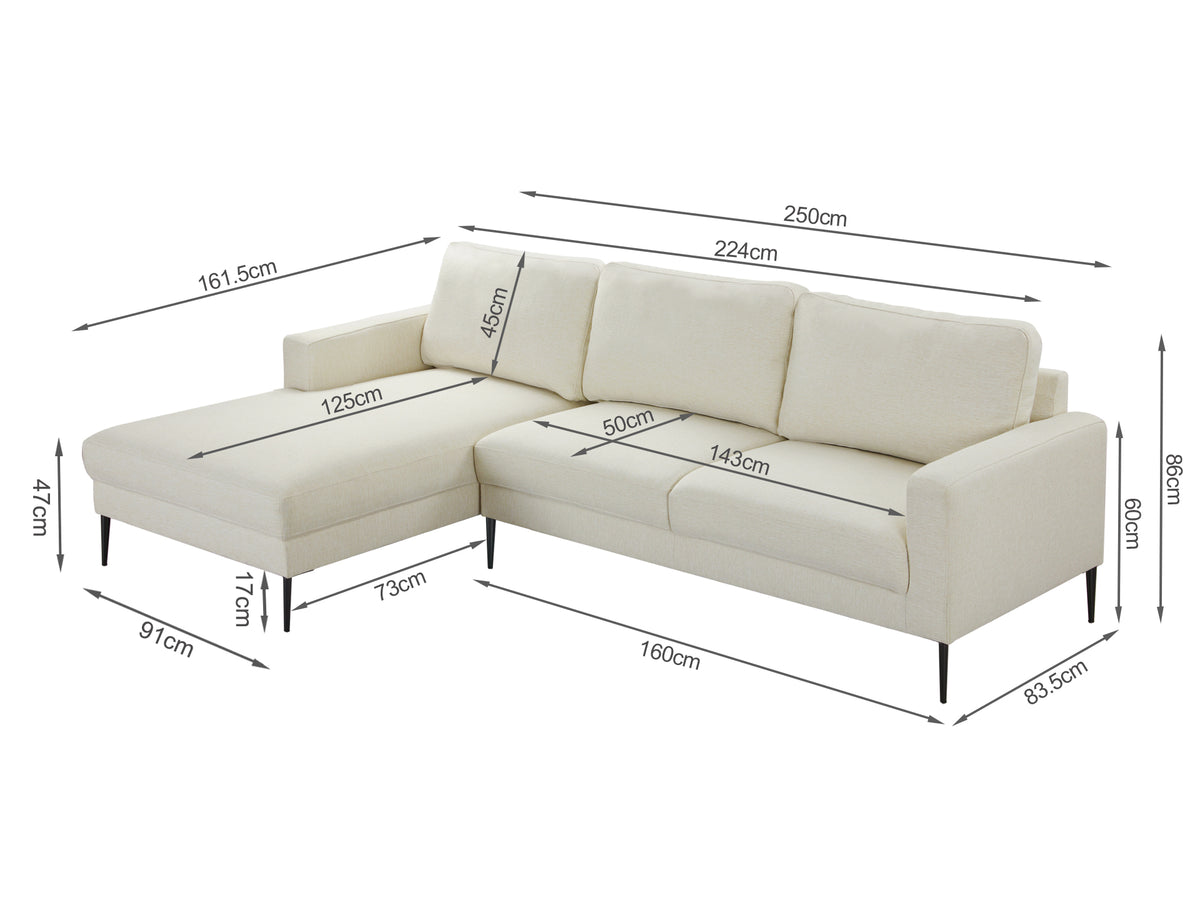 Toronto 3 Seater Sofa with Left Facing Chaise - Beige