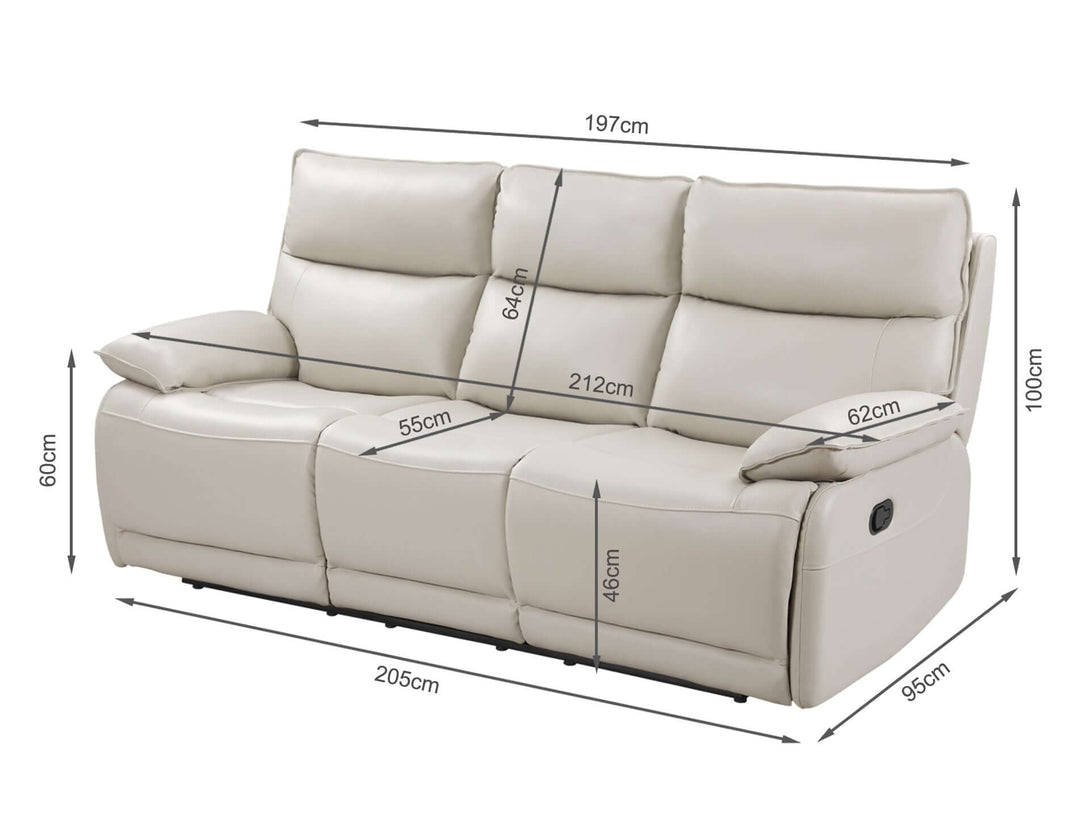 Halcombe Manual Full Leather 3 Seater Recliner Sofa - Beige