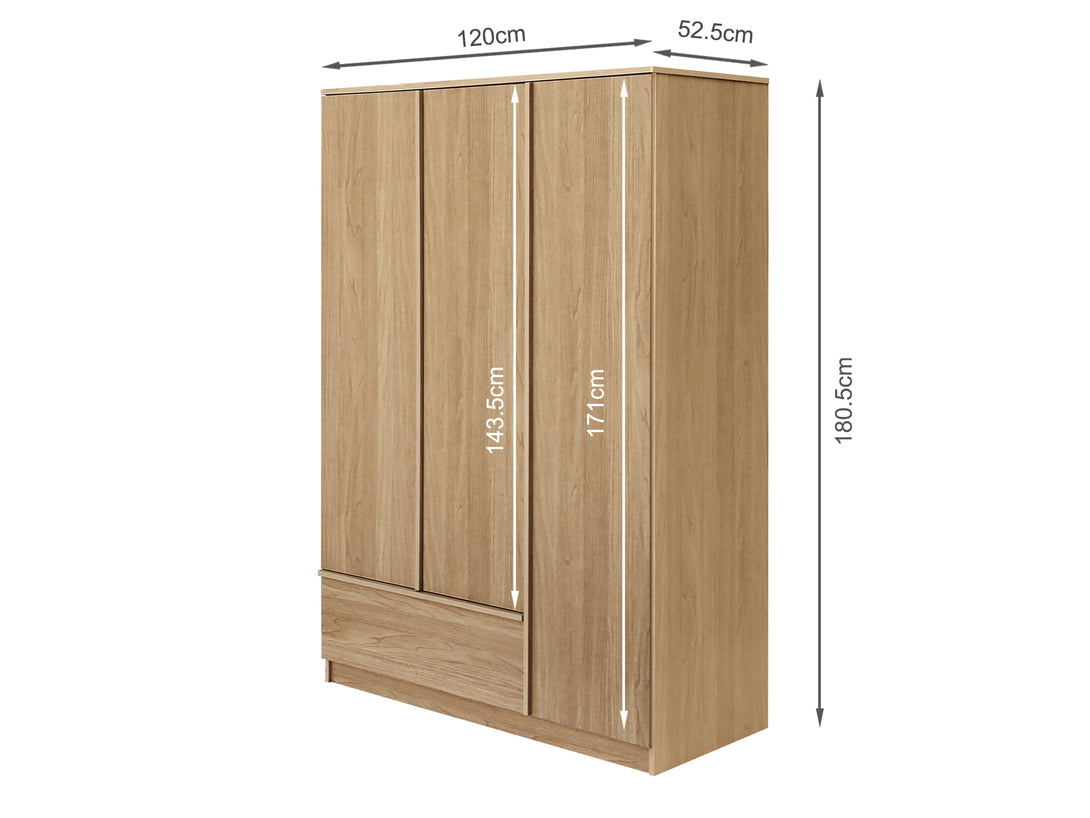 Benny 3 Door Wardrobe with Drawer - Light Teak