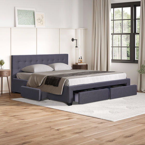 Eleanor Queen Bed Frame with 4 Drawers - Dark Grey