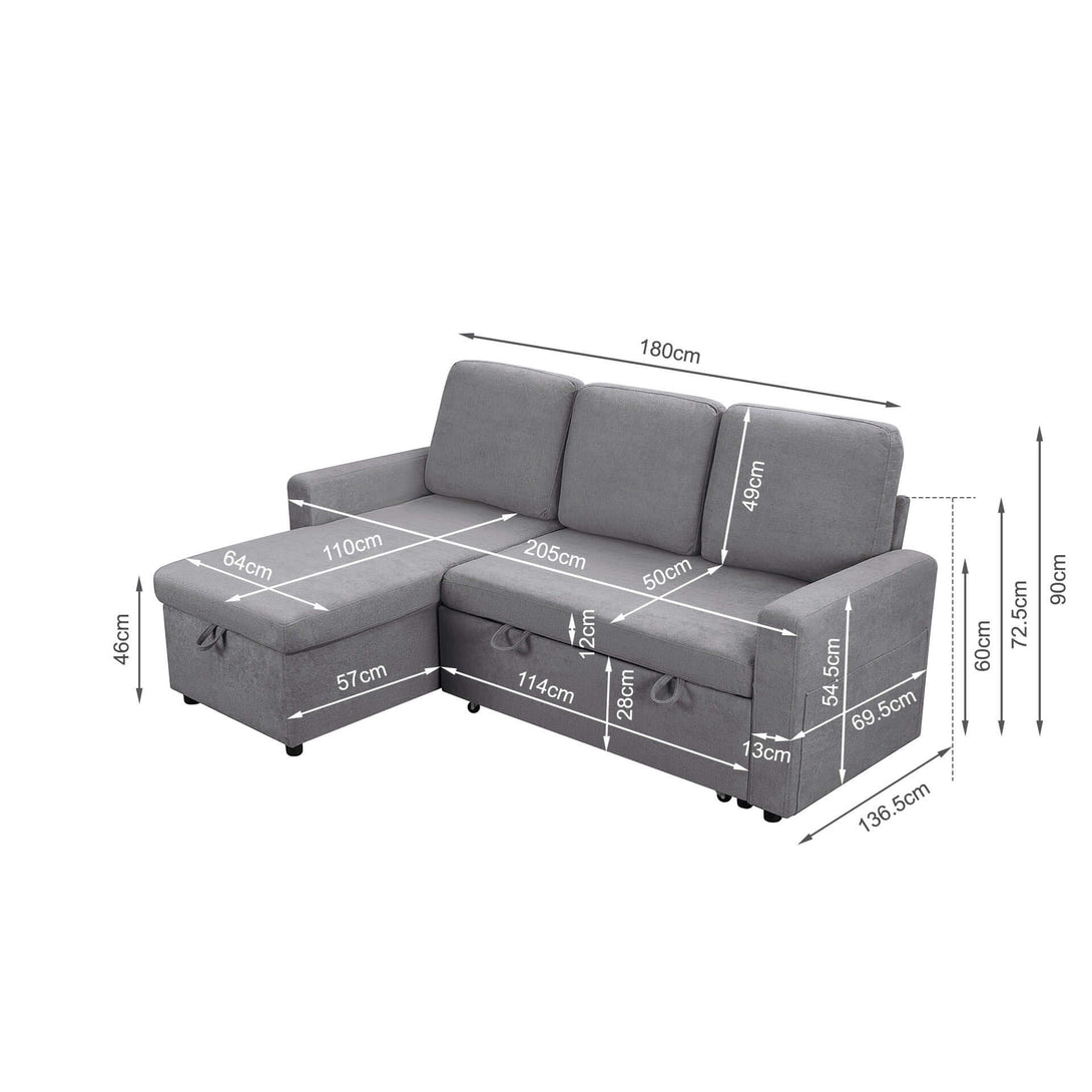 Amy 3 Seater Sofa Bed with Storage - Light Grey