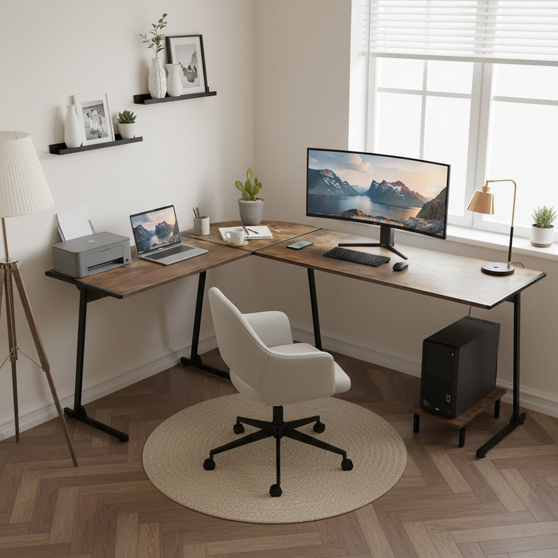 Nordix L-Shaped Computer Corner Desk - Rustic Brown