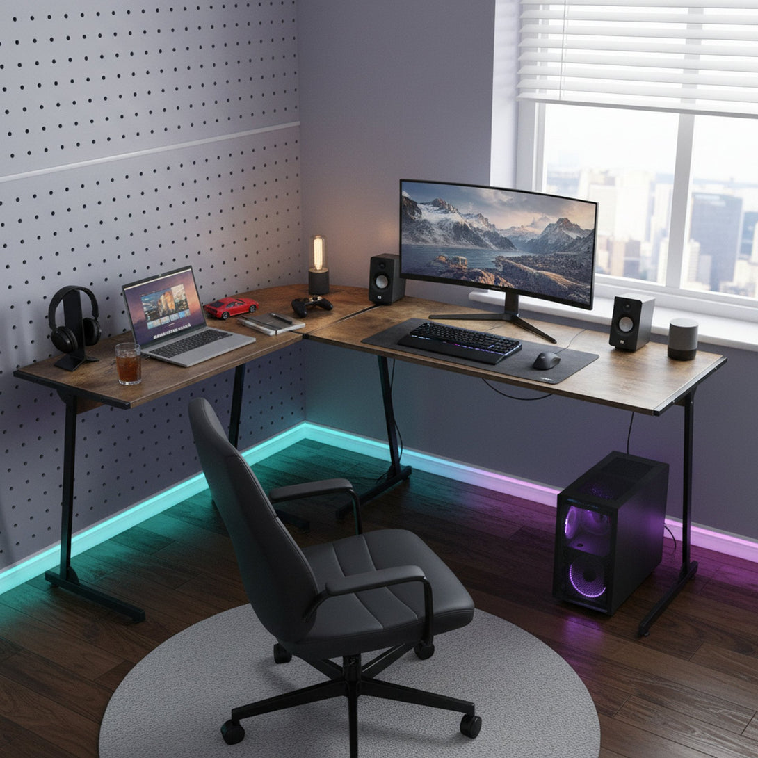 Nordix L-Shaped Computer Corner Desk - Rustic Brown