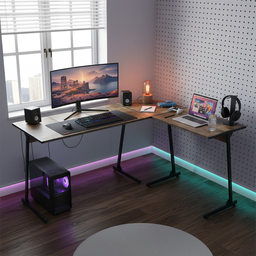 Nordix L-Shaped Computer Corner Desk - Rustic Brown