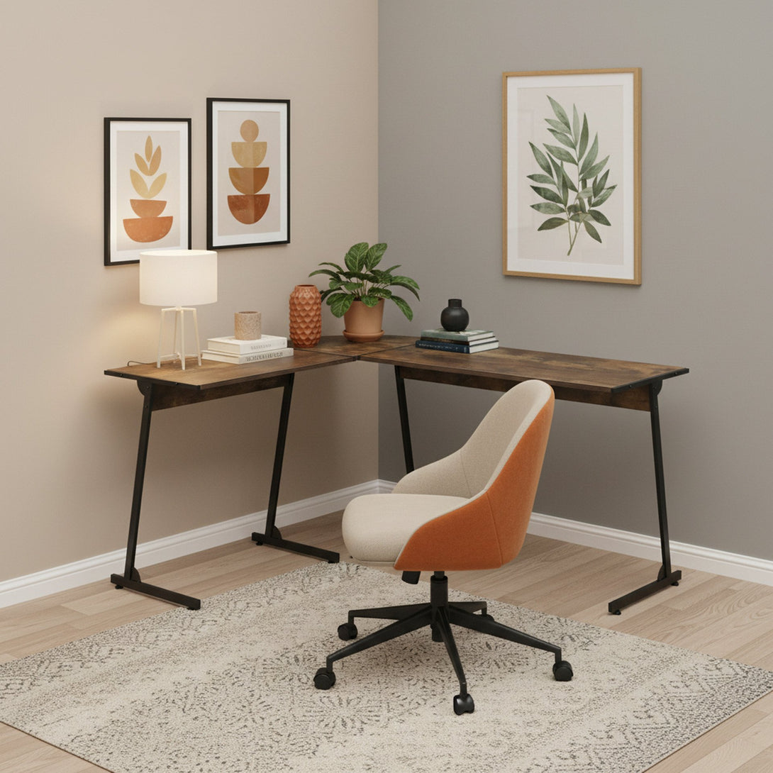 Nordix L-Shaped Computer Corner Desk - Rustic Brown