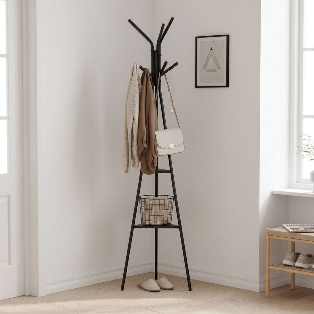 Aero Coat Rack with Storage Shelves - Black – Treasurebox