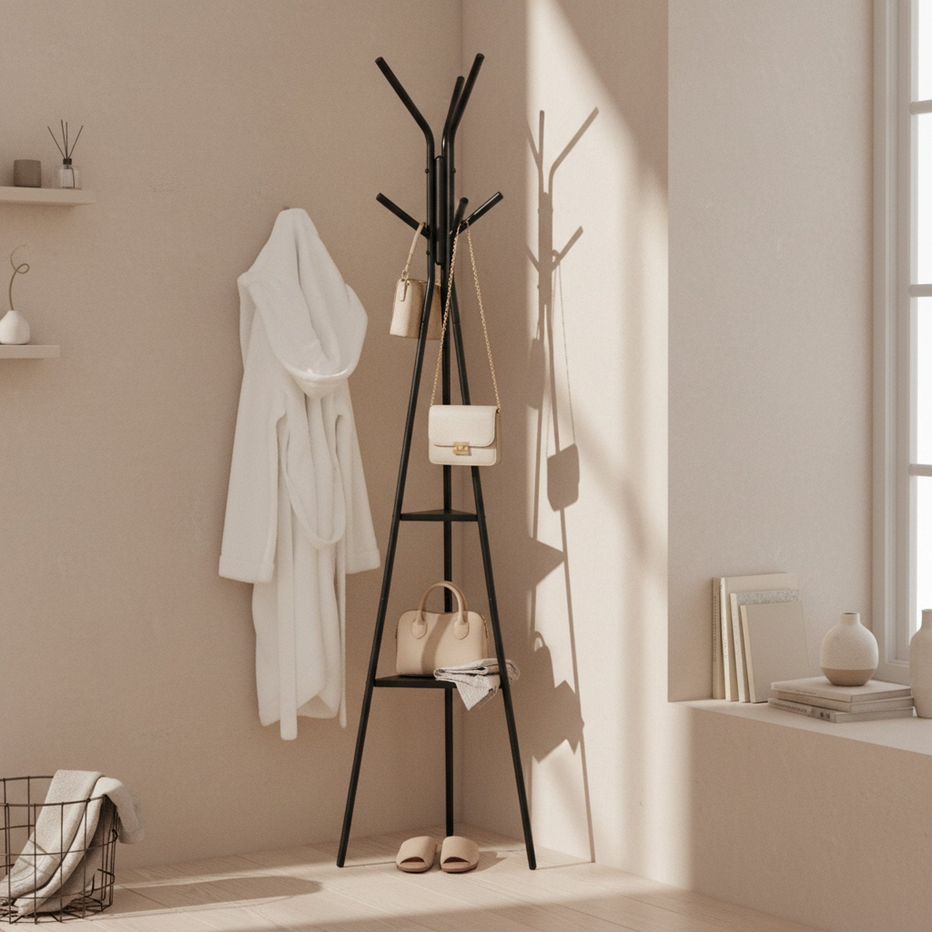 Aero Coat Rack with Storage Shelves - Black – Treasurebox