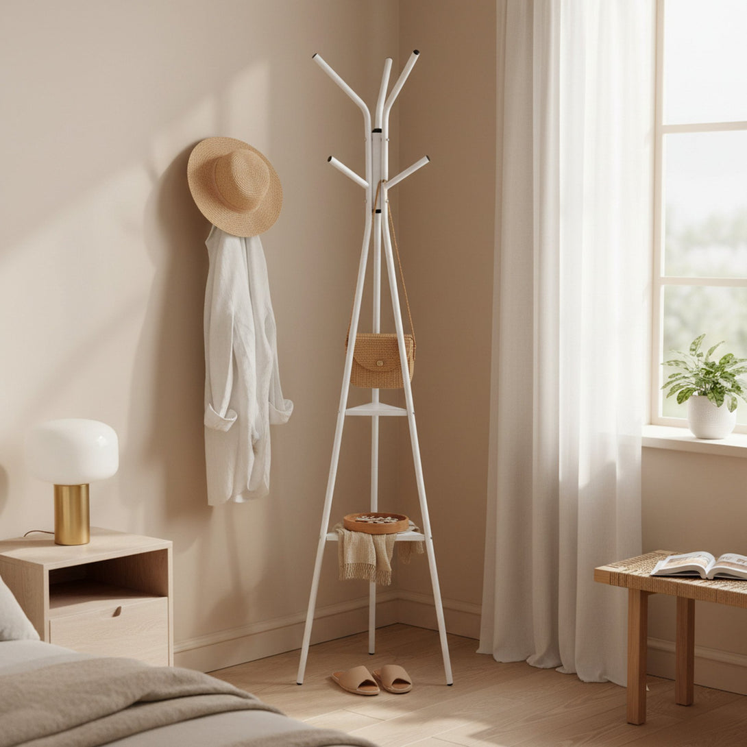 Aero Coat Rack with Storage Shelves - White