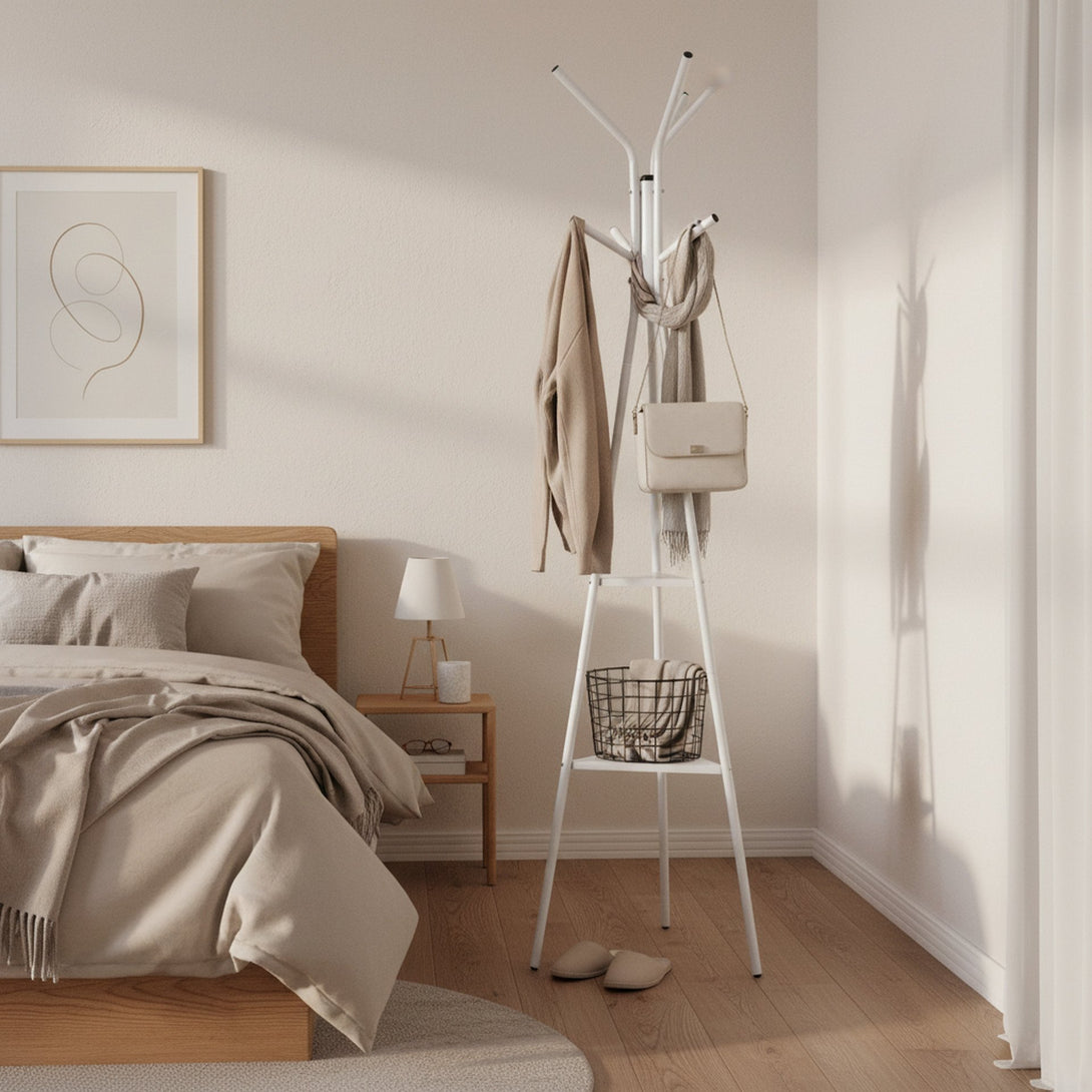 Aero Coat Rack with Storage Shelves - White