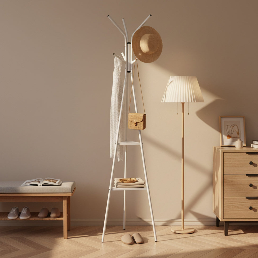 Aero Coat Rack with Storage Shelves - White