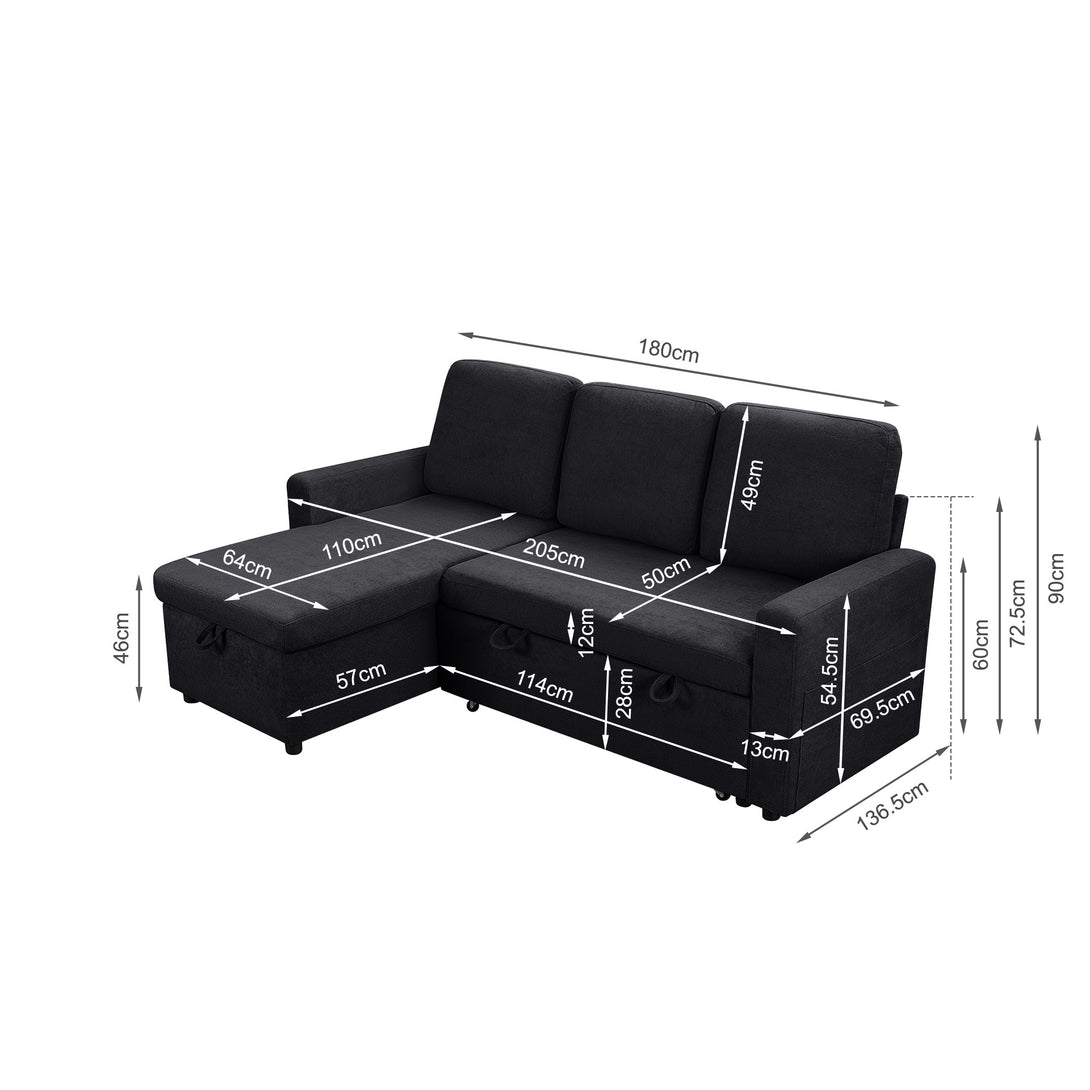 Amy 3 Seater Sofa Bed with Storage - Black