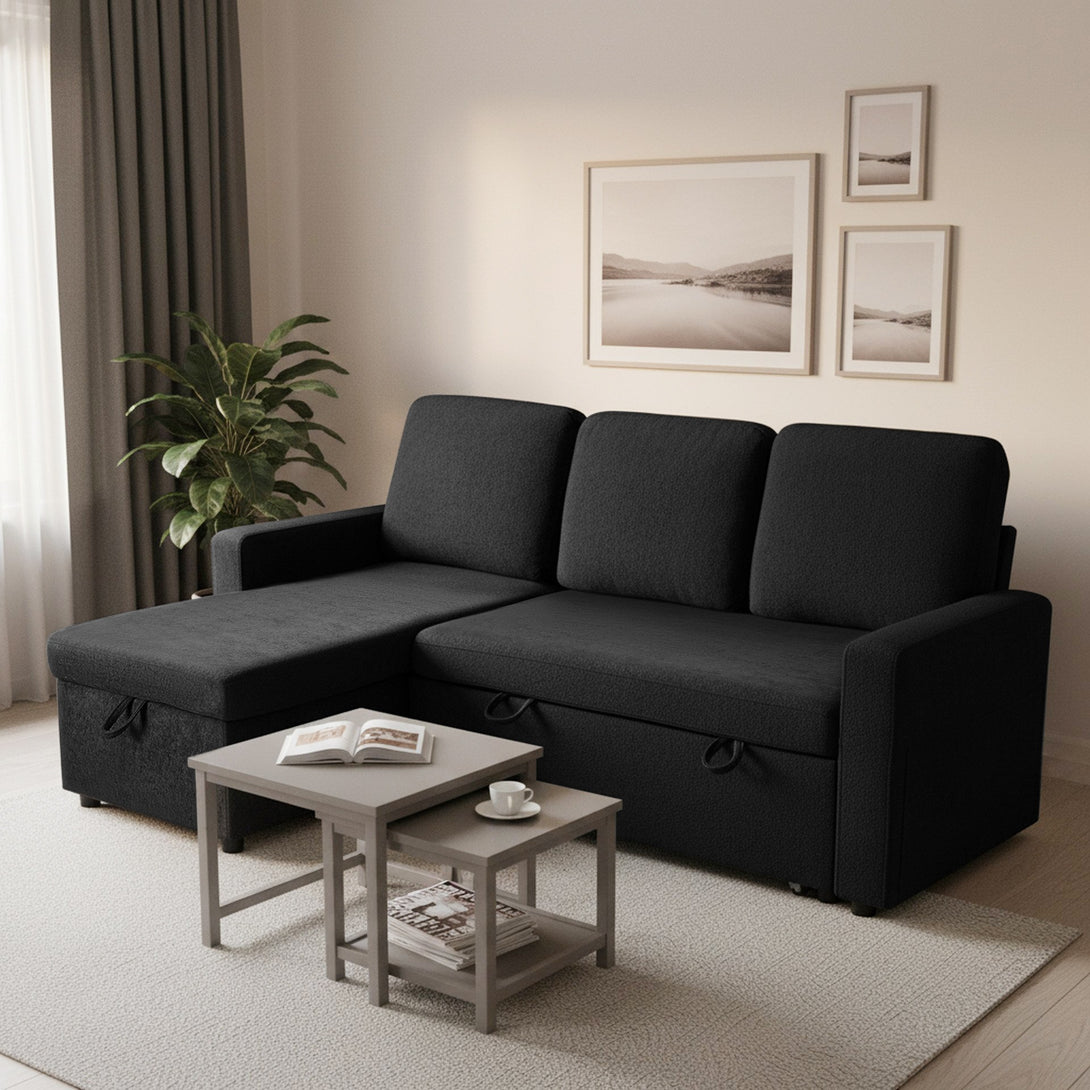 Amy 3 Seater Sofa Bed with Storage - Black