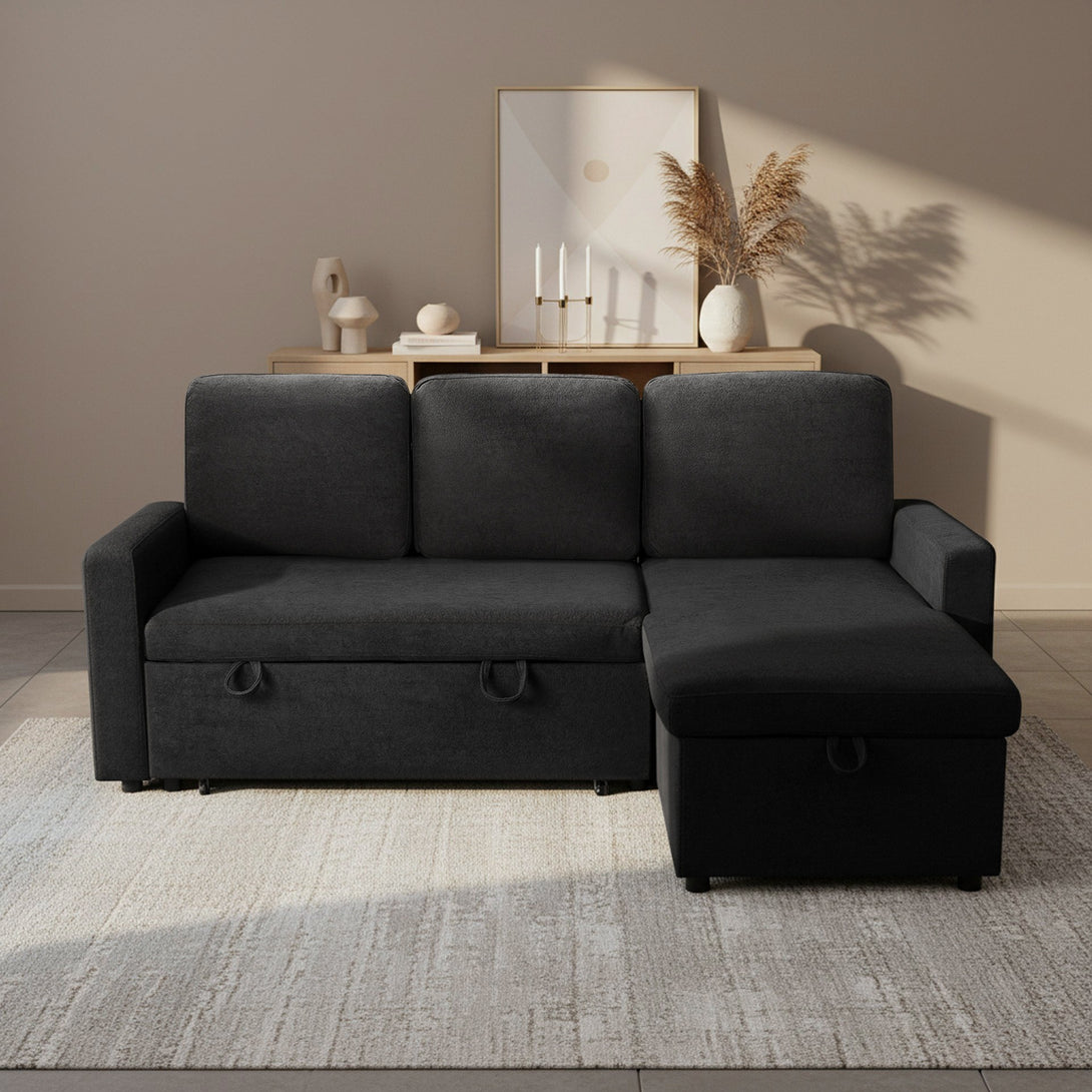 Amy 3 Seater Sofa Bed with Storage - Black
