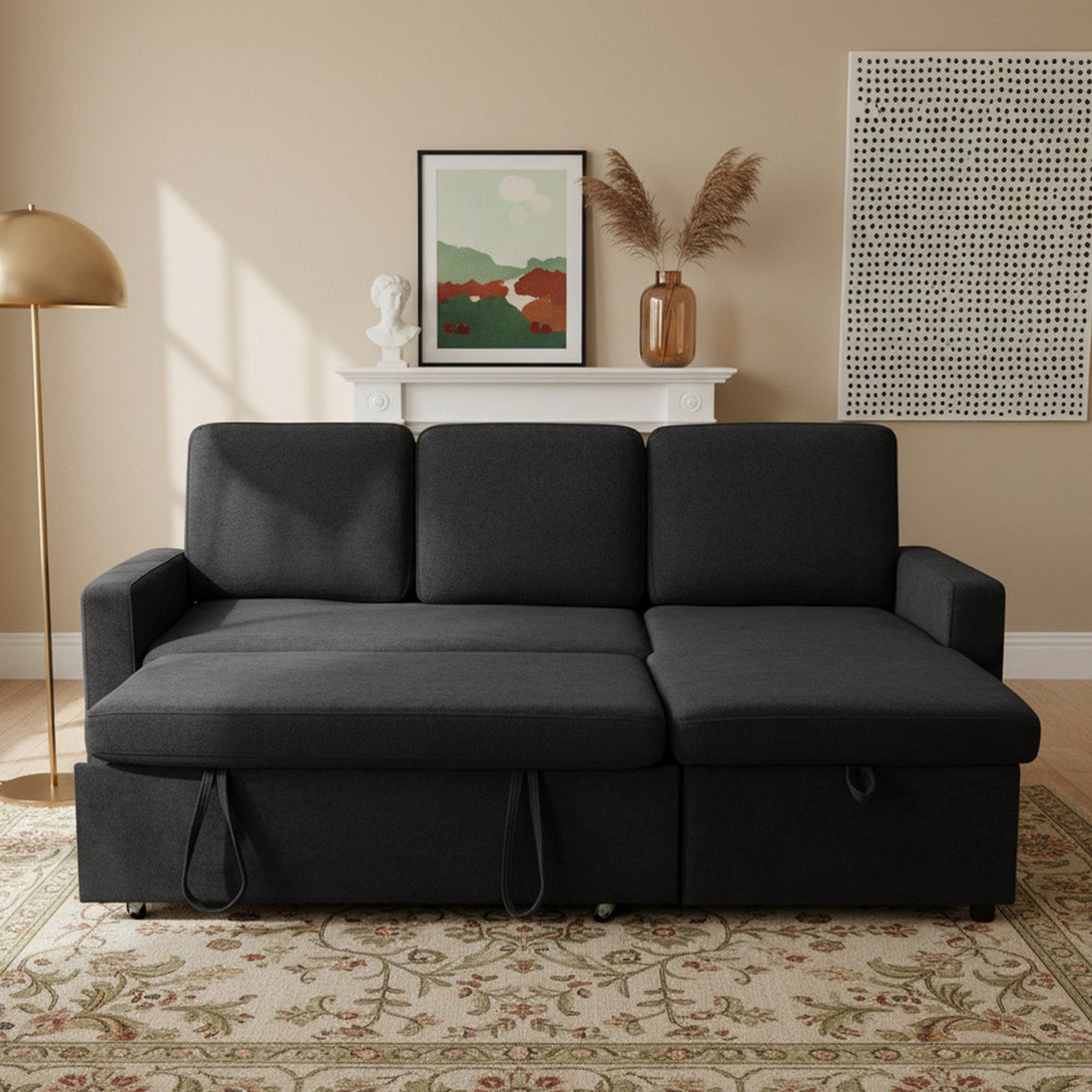 Amy 3 Seater Sofa Bed with Storage - Black