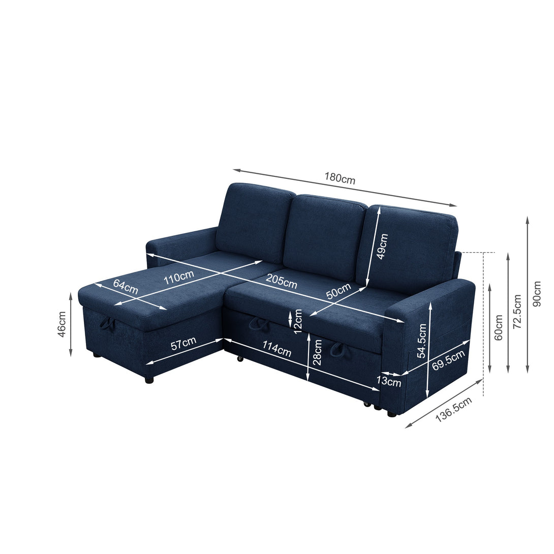 Amy 3 Seater Sofa Bed with Storage - Blue